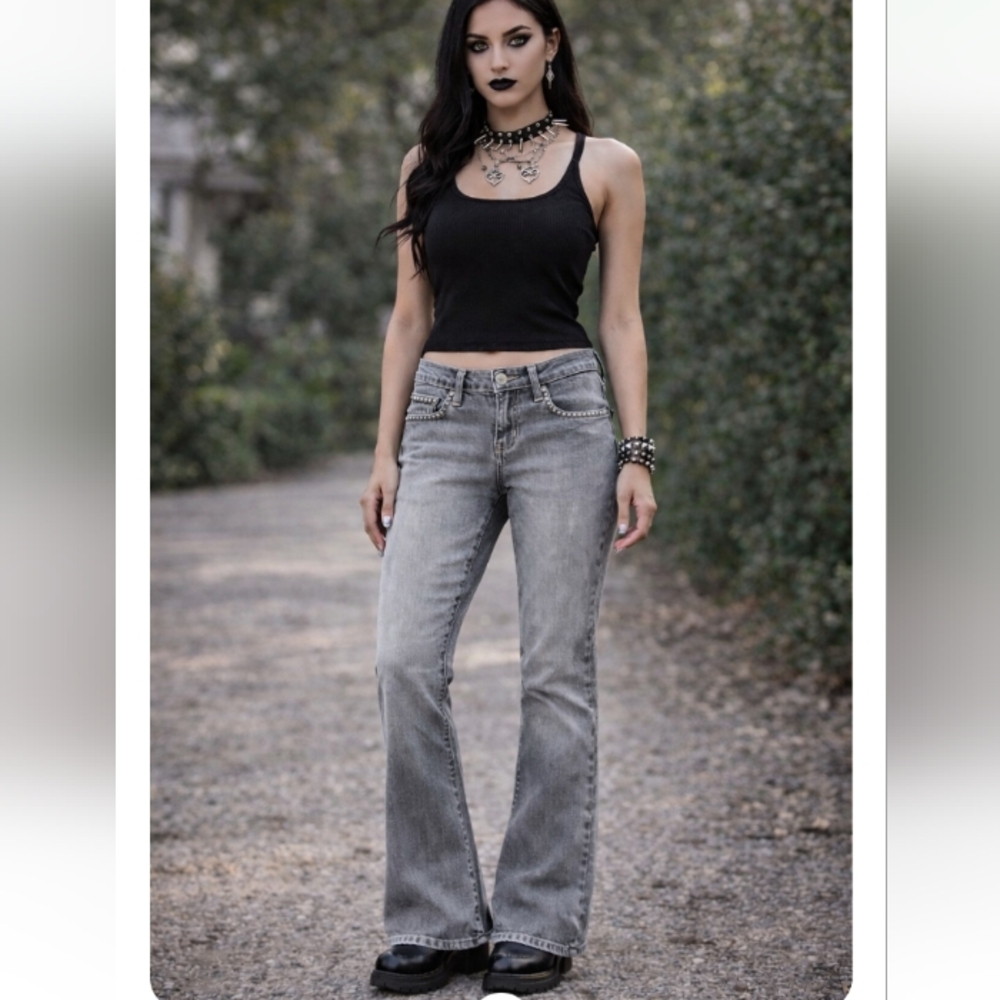 True People Light Gray Washed Studded Jeans | Size 8 / 9